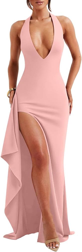 LAGSHIAN Women's Deep V Neck High Split Cocktail Party Maxi Dress | Sexy Halter Backless Wedding Guests Long Dresses,Summer,Elegant,Back Neck Strap,Stretchy,Slim Fit,Formal,Evening,Prom,