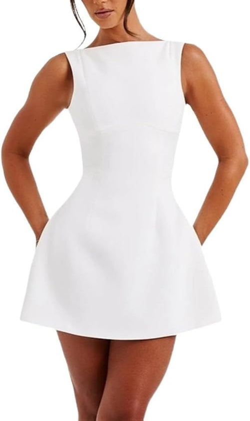 Boat-Neck Sleeveless A-Line Mini Dress in White
