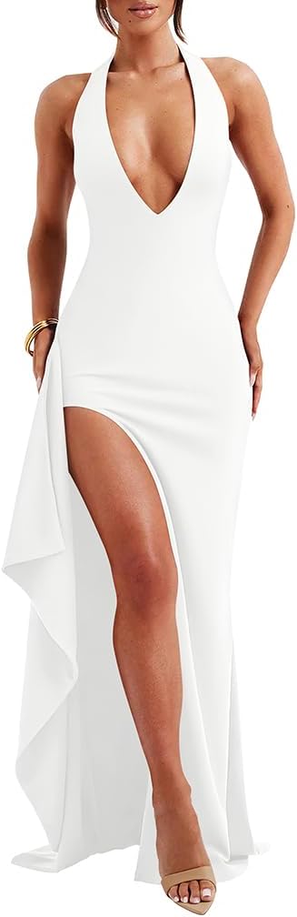 LAGSHIAN Women's Deep V Neck High Split Cocktail Party Maxi Dress | Sexy Halter Backless Wedding Guests Long Dresses,Summer,Elegant,Back Neck Strap,Stretchy,Slim Fit,Formal,Evening,Prom,
