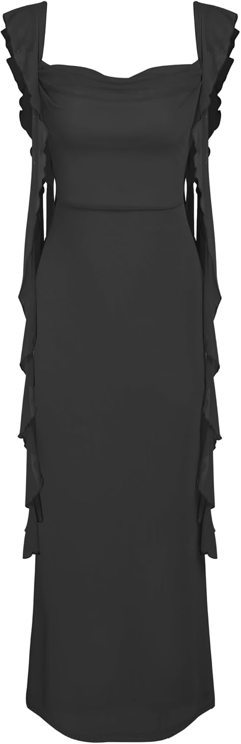 CIDER Women's Wedding Guest Dress Sleeveless Mesh Ruffle Maxi Formal Dress | Stretchy Tie Back, Summer Fall Wedding, Baby Shower, Cocktail, Vacation, Bodycon Elegant Outfits