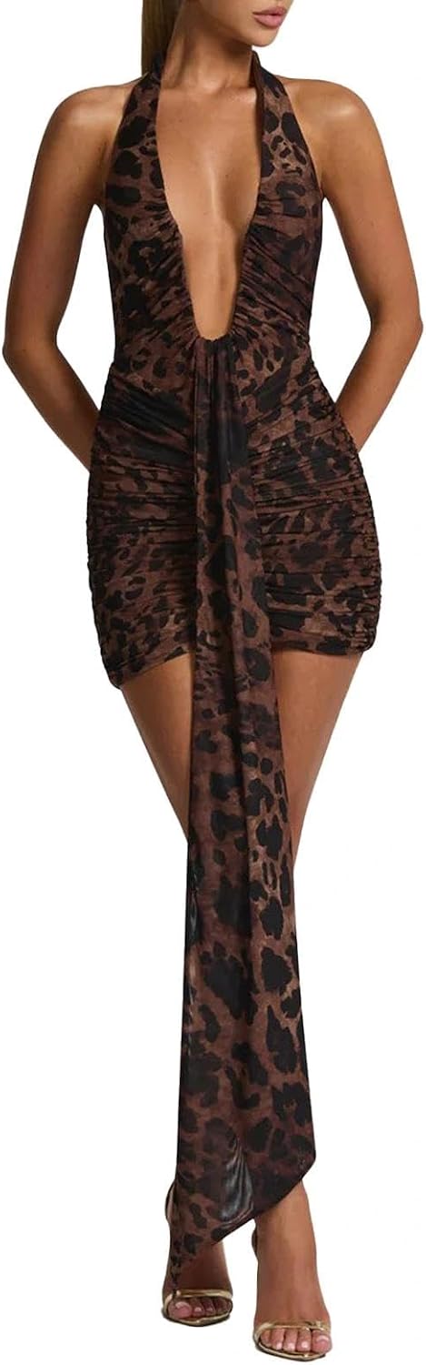 ABYOVRT Women Deep V Neck Ruched Mini Dresses Backless Halter Dress Party Club Night