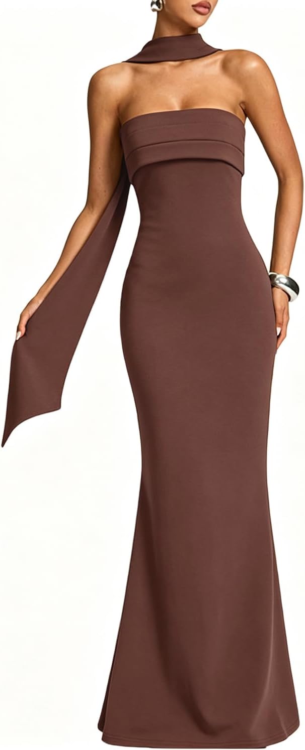 Women's Bodycon Maxi Wedding Guest Dress with Neck Scarf Elegant Formal | Stretchy Bodycon Fit, Detachable Neck Scarf, Maxi Length, Wedding Guest, Cocktail, Evening & Homecoming Party, Bridal Shower