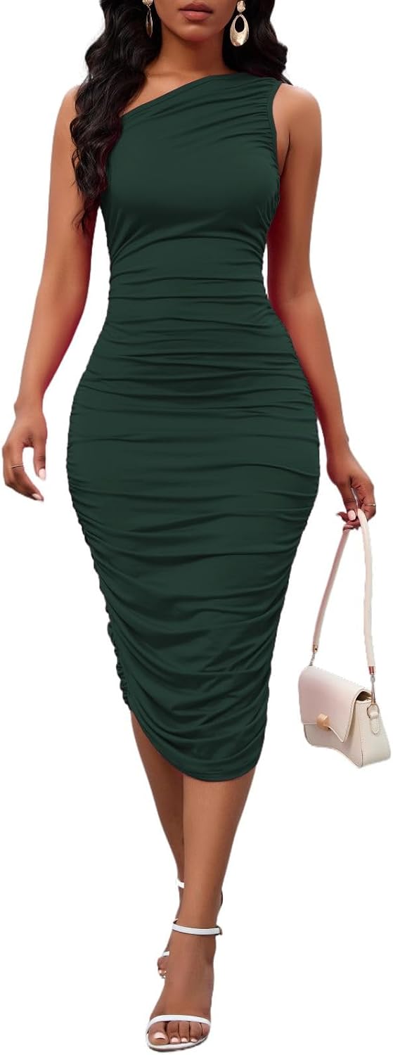 PerZeal Women's One Shoulder Ruched Bodycon Midi Dress for Party Evening | Sleeveless slim fit, stretchy soft fabric, elegant asymmetrical neck, cocktail party, evening clubwear, wedding guest
