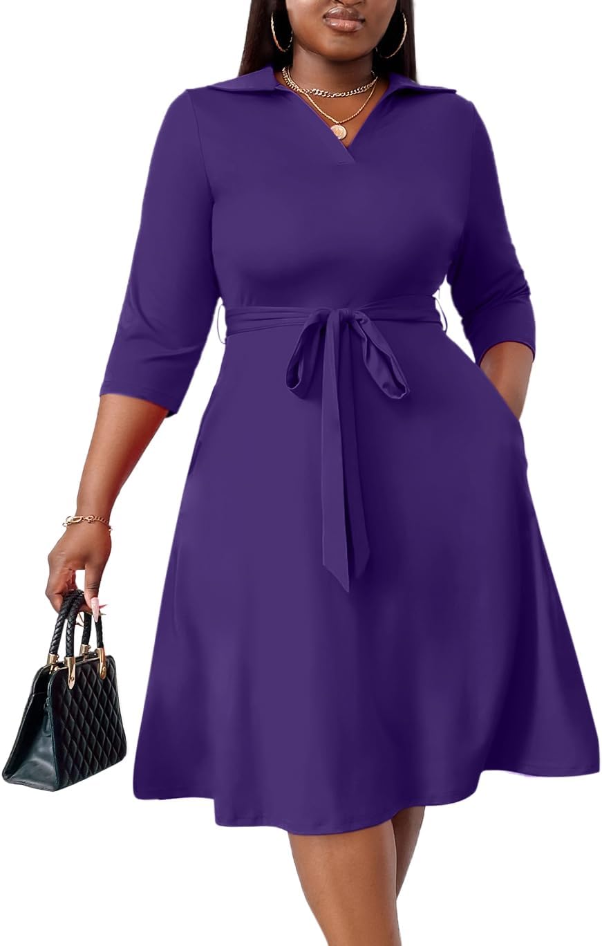 FANDEE Plus Size Midi Dress for Women Casual - Fit and Flare Summer Dresses | Semi Formal,African Print,Polo Collar Cocktail Dress,With Pockets And Belt