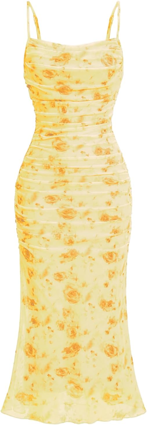 GORGLITTER Women's Floral Wedding Guest Bridal Shower Summer Midi Dresses | Tea Party, Baby Shower, Cocktail Dress, Ruched, Dresses for Women, Sundresses