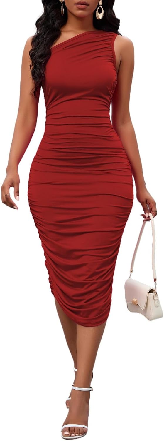 PerZeal Women's One Shoulder Ruched Bodycon Midi Dress for Party Evening | Sleeveless slim fit, stretchy soft fabric, elegant asymmetrical neck, cocktail party, evening clubwear, wedding guest
