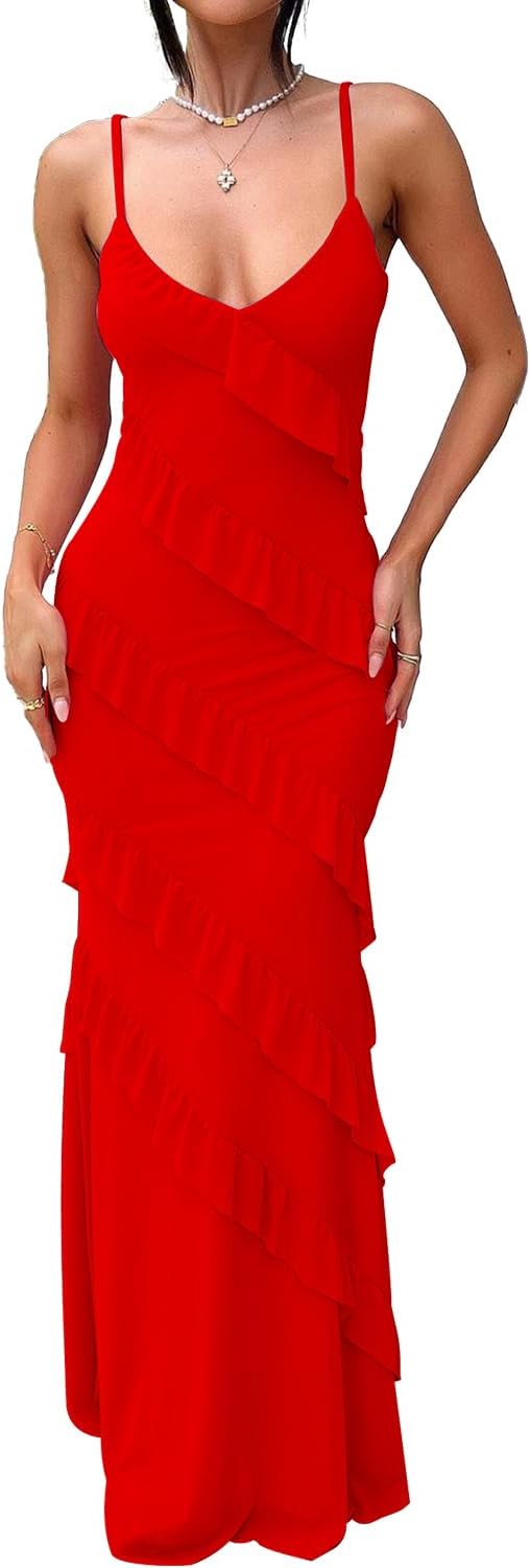 HOCILLE Women's Sexy V Neck Mesh Bodycon Wedding Guest Cocktail Maxi Dress | Sundress Spaghetti Strap Elegant Ruffle Party Long Dresses