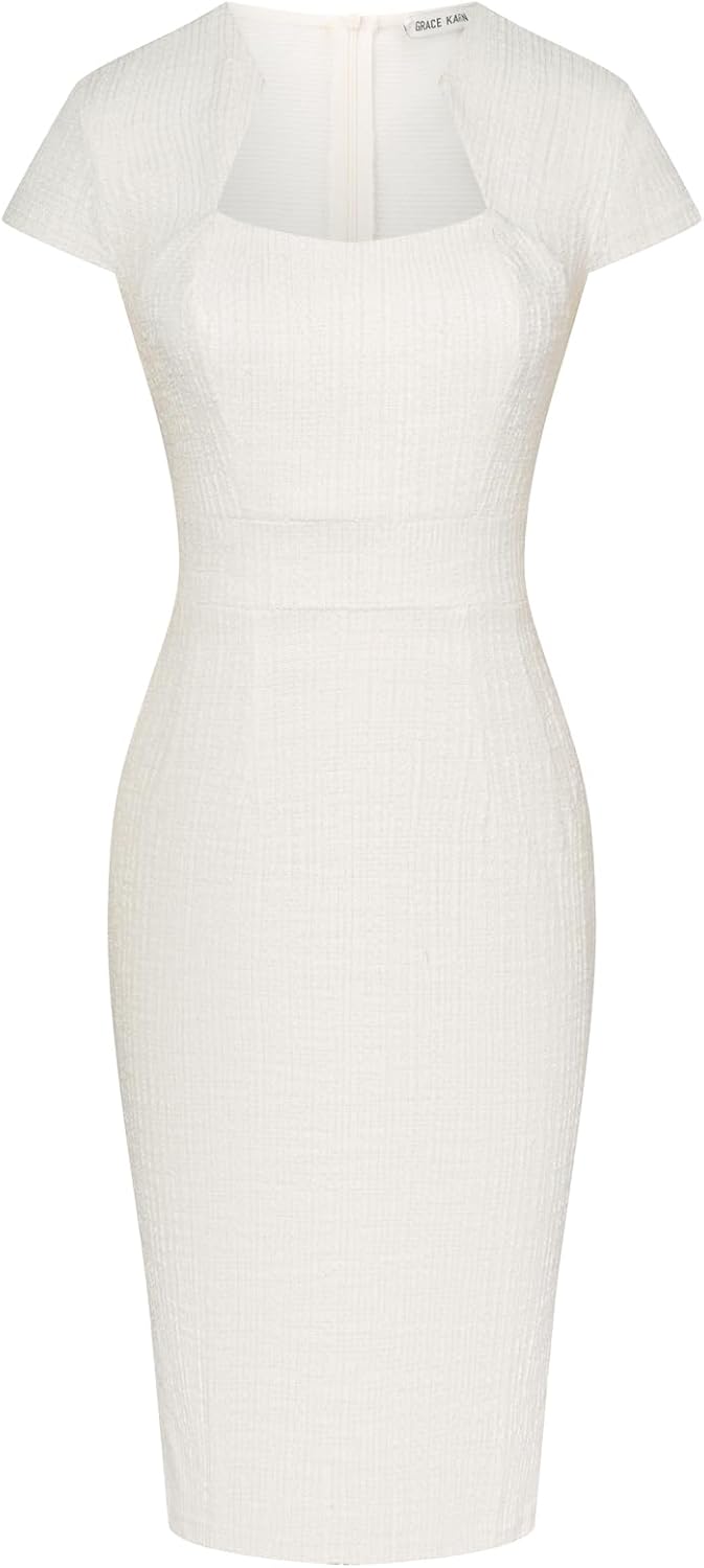 GRACE KARIN Work Dresses for Women Tweed Pencil Dress | Cap sleeve, Knee-length, Zipper back, Sweetheart neck, Stretch fabric, Formal office work business sheath dress