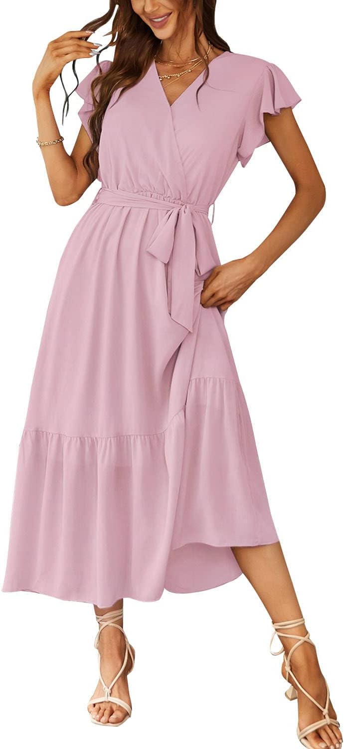 PRETTYGARDEN Women's Summer Floral Boho Maxi Dress | Short Sleeve Wrap V Neck, Long Flowy Ruffle Dresses, Spring Wedding Guest Outfits for Beach Vacation, Resort Wear, Tea Party