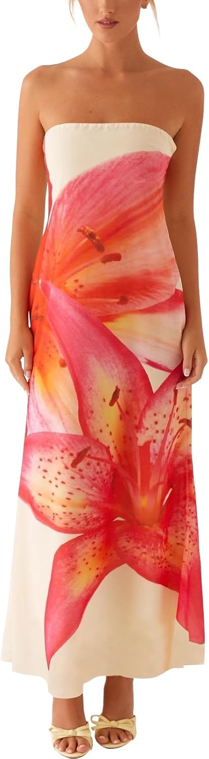 ACOSAP Women Y2k Strapless Maxi Dress Summer Backless Floral Long Tube Dress Off Shoulder Cocktail Party Dress