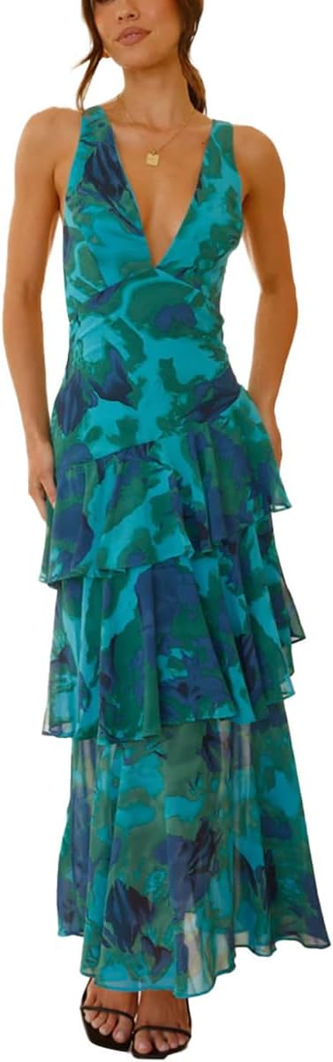 Women's Floral Maxi Dress Sexy Deep V Neck Backless Ruffles Dresses Beach Party Wedding Guest Dress