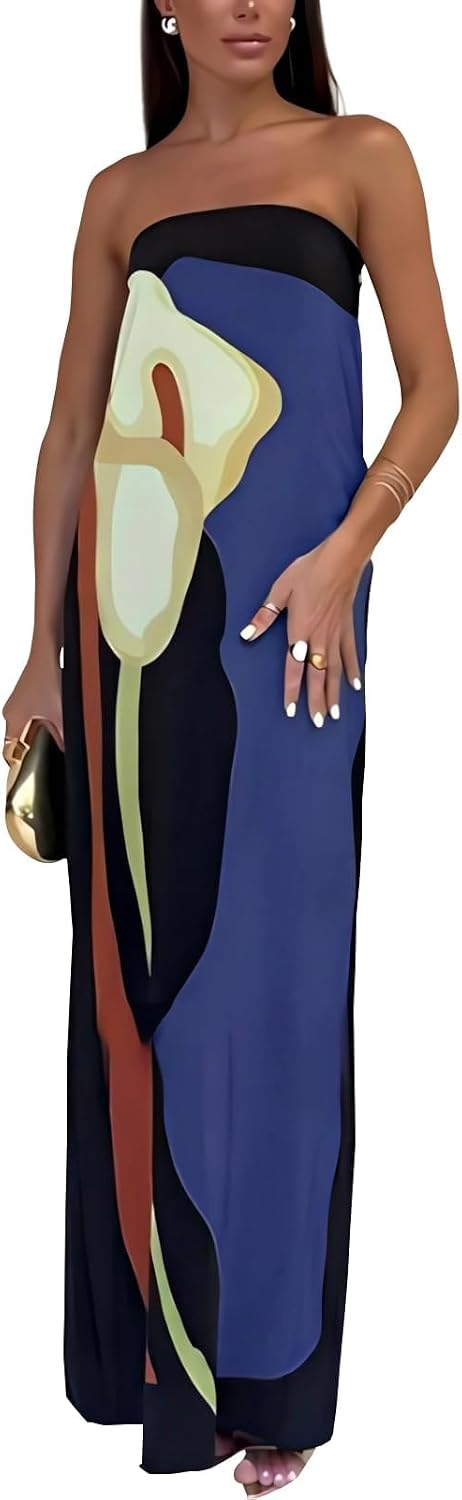 ACOSAP Women Y2k Strapless Maxi Dress Summer Backless Floral Long Tube Dress Off Shoulder Cocktail Party Dress