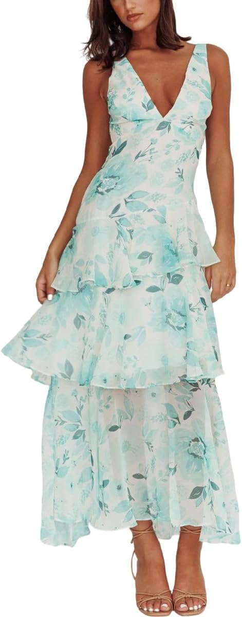Women's Floral Maxi Dress Sexy Deep V Neck Backless Ruffles Dresses Beach Party Wedding Guest Dress