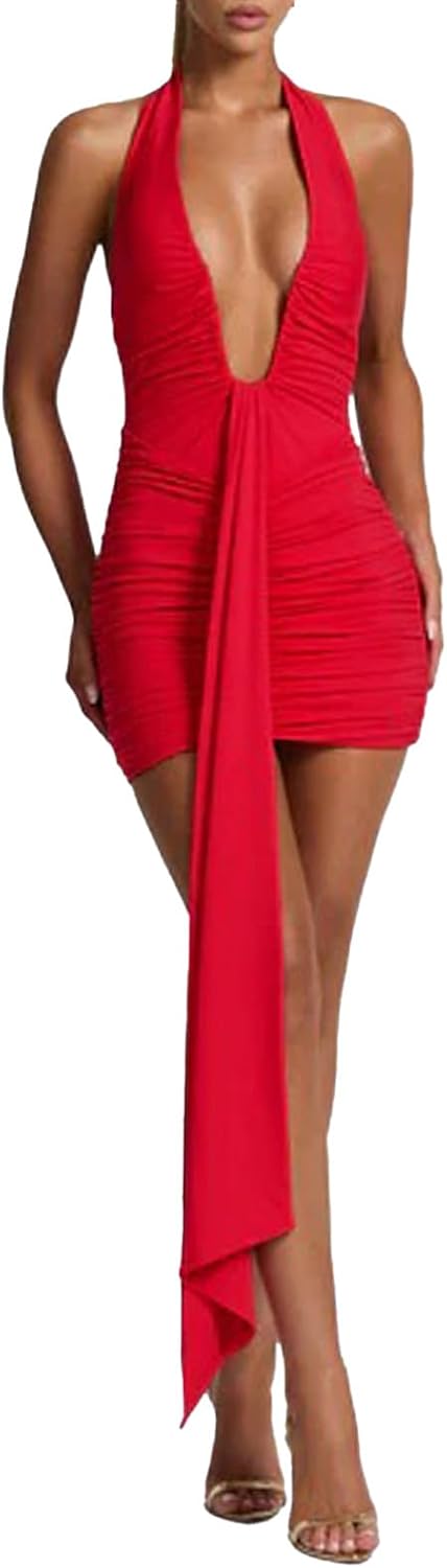 ABYOVRT Women Deep V Neck Ruched Mini Dresses Backless Halter Dress Party Club Night