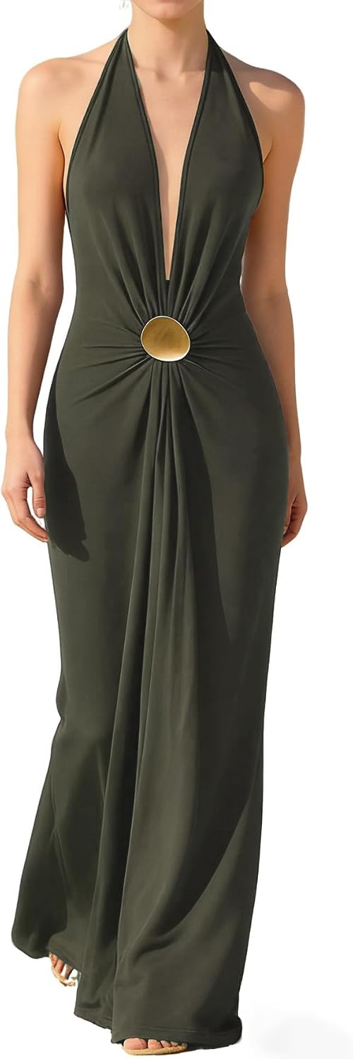OYOANGLE Women's Halter Maxi Dress Deep V Neck Sexy Wedding Guest Dresses | Cocktail Dress, Formal Dresses, Beach Dress, Vacation Dress, Date Night Long Dress, Backless