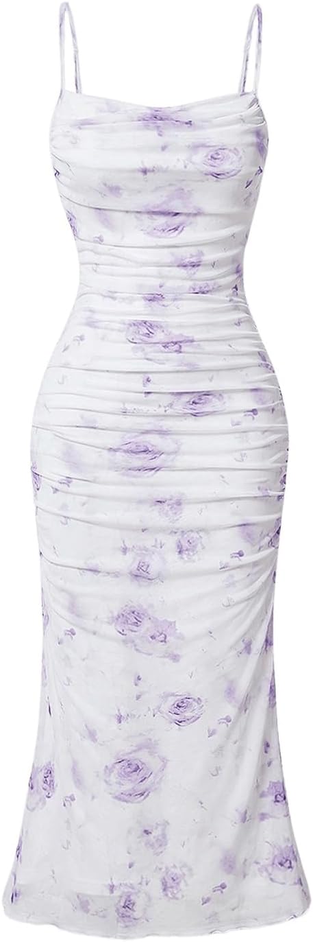 GORGLITTER Women's Floral Wedding Guest Bridal Shower Summer Midi Dresses | Tea Party, Baby Shower, Cocktail Dress, Ruched, Dresses for Women, Sundresses