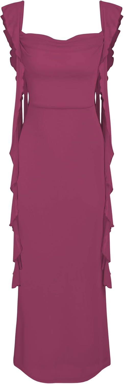CIDER Women's Wedding Guest Dress Sleeveless Mesh Ruffle Maxi Formal Dress | Stretchy Tie Back, Summer Fall Wedding, Baby Shower, Cocktail, Vacation, Bodycon Elegant Outfits