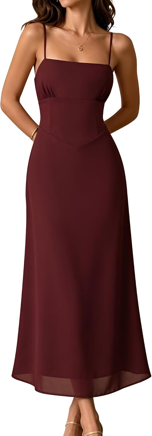 RIHOAS Women's Spaghetti Strap Maxi A-line Formal Tie Back Layered Dresses | Lace up,Zip Up,Square Neck,Cocktail,Garden Party ,Floral wedding guest dresses,Formal Dress,Bridesmaid,Semi Formal Dress
