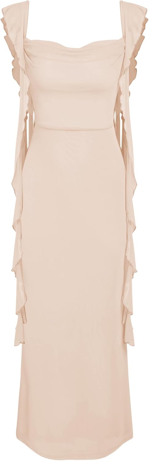 CIDER Women's Wedding Guest Dress Sleeveless Mesh Ruffle Maxi Formal Dress | Stretchy Tie Back, Summer Fall Wedding, Baby Shower, Cocktail, Vacation, Bodycon Elegant Outfits
