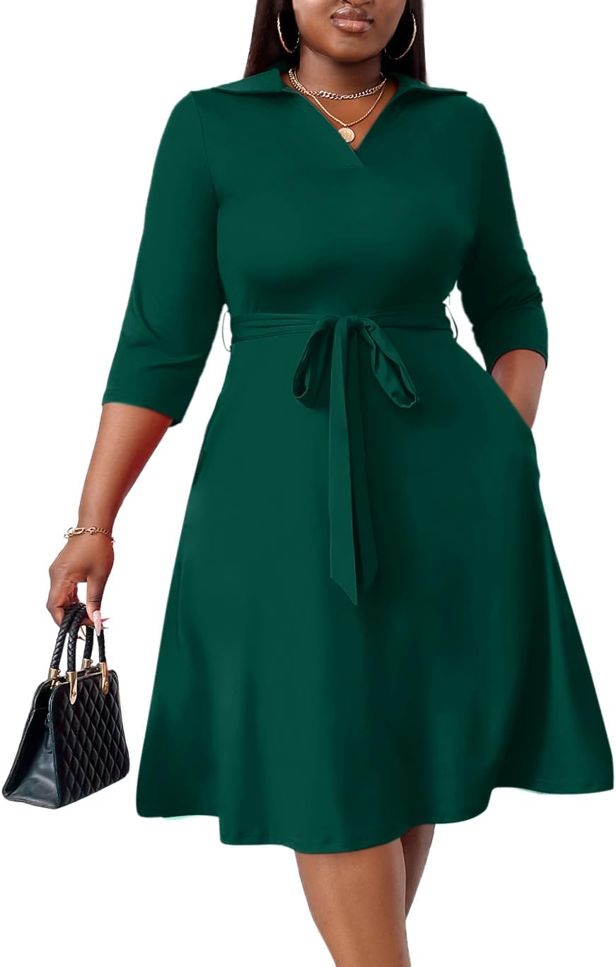 FANDEE Plus Size Midi Dress for Women Casual - Fit and Flare Summer Dresses | Semi Formal,African Print,Polo Collar Cocktail Dress,With Pockets And Belt
