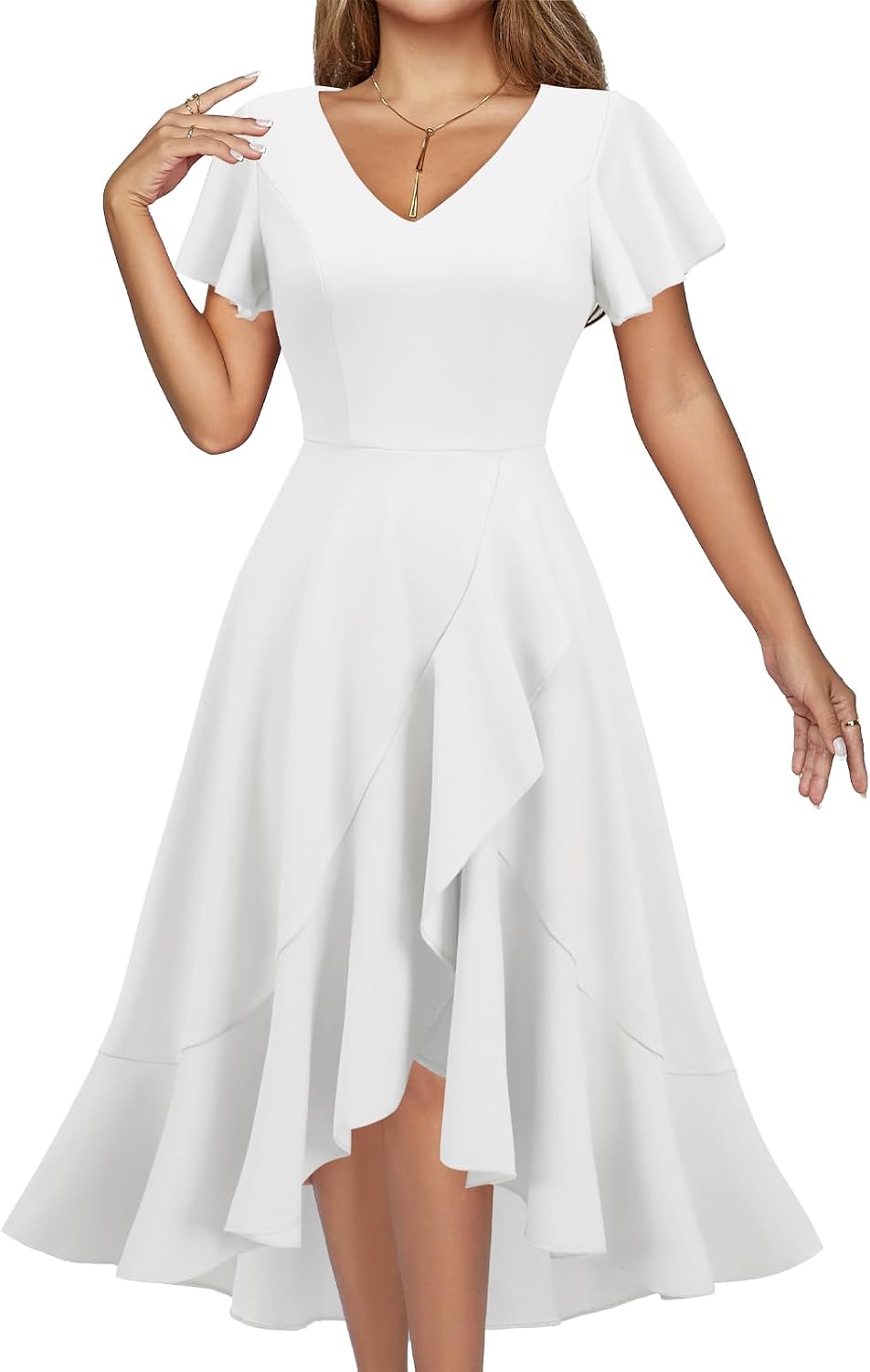 DRESSTELLS Women's Cocktail Dresses 2026, Formal Fall Wedding Guest Dress | A-Line, Hi Low Fit and Flare Midi Dress for Teacher Party Homecoming, Bridesmaid Evening Gown, V-Neck, Ruffle Sleeve