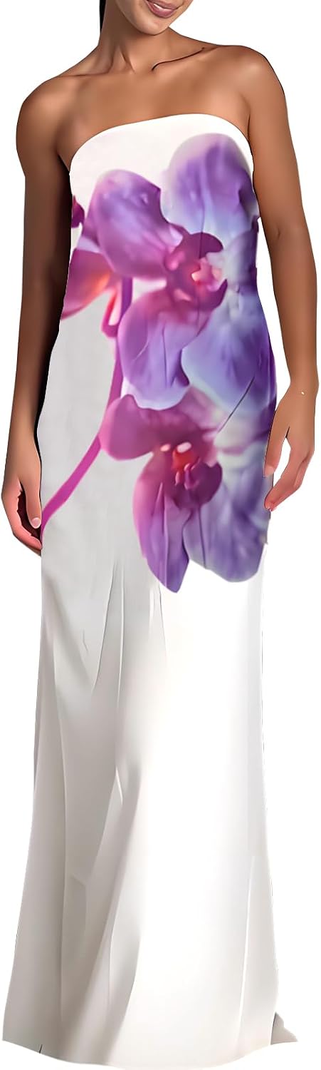 ACOSAP Women Y2k Strapless Maxi Dress Summer Backless Floral Long Tube Dress Off Shoulder Cocktail Party Dress