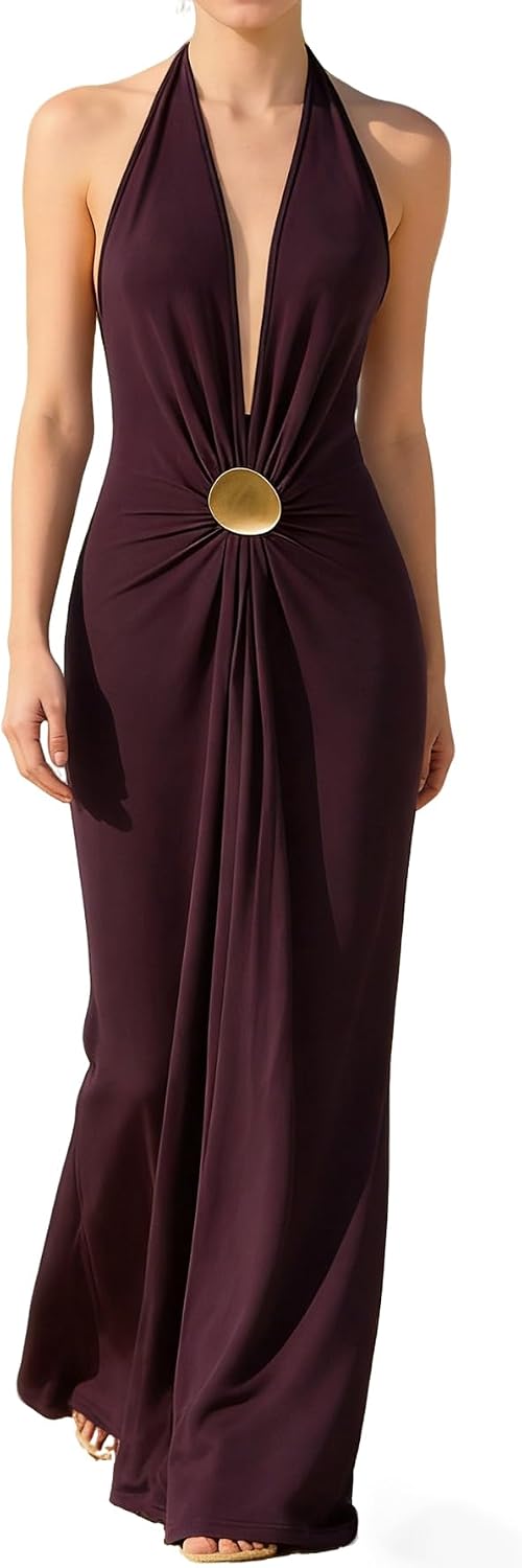 OYOANGLE Women's Halter Maxi Dress Deep V Neck Sexy Wedding Guest Dresses | Cocktail Dress, Formal Dresses, Beach Dress, Vacation Dress, Date Night Long Dress, Backless