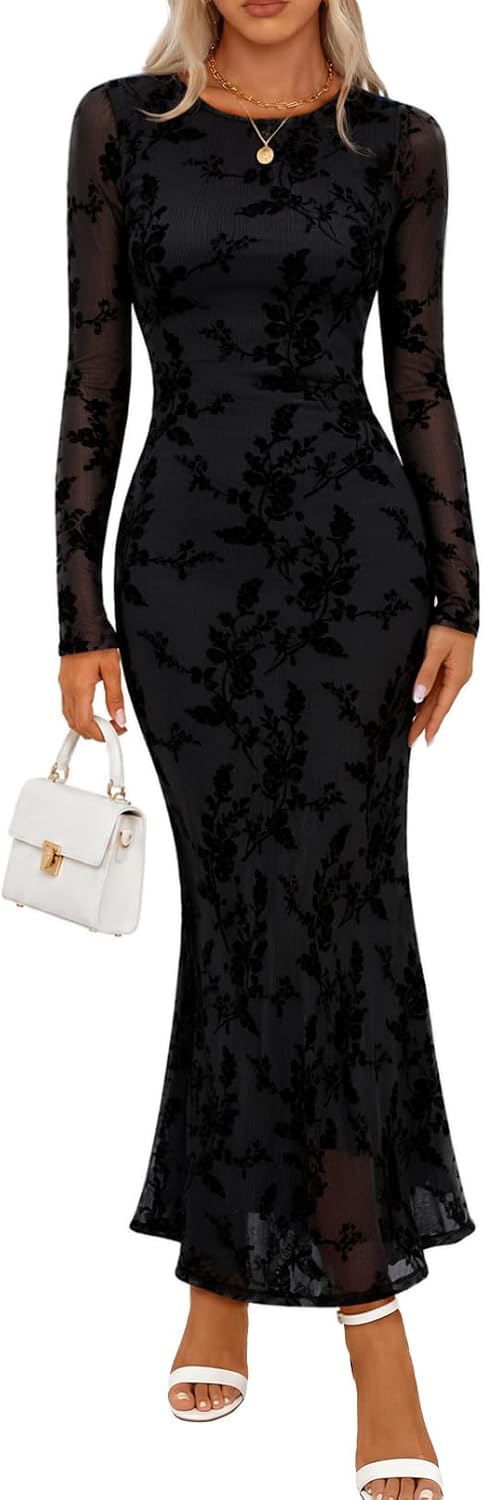 MEROKEETY Womens Fall Velvet Formal Wedding Guest Maxi Dress | Bodycon, Floral, Long Sleeve, Mesh, Round Neck, Formal Cocktail Party Birthday Club Date Night Prom, 2026 Winter Dress