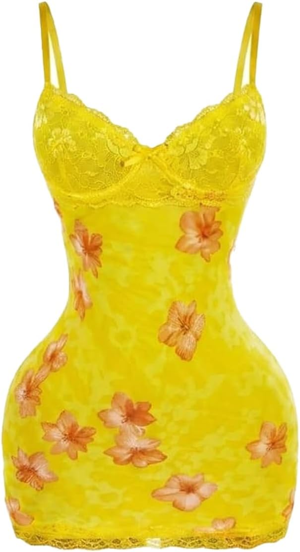SOLY HUX Women's Club Outfits Summer Floral Mini Dress Lace Bodycon Dresses | Lace Trim, Mini Dress, Spaghetti Strap, Bodycon, Party, Cami Dresses