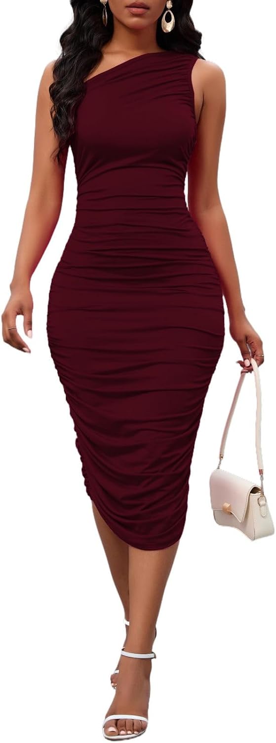 PerZeal Women's One Shoulder Ruched Bodycon Midi Dress for Party Evening | Sleeveless slim fit, stretchy soft fabric, elegant asymmetrical neck, cocktail party, evening clubwear, wedding guest