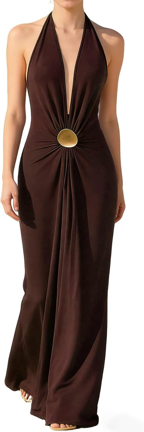 OYOANGLE Women's Halter Maxi Dress Deep V Neck Sexy Wedding Guest Dresses | Cocktail Dress, Formal Dresses, Beach Dress, Vacation Dress, Date Night Long Dress, Backless