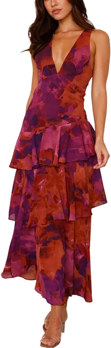 Women's Floral Maxi Dress Sexy Deep V Neck Backless Ruffles Dresses Beach Party Wedding Guest Dress