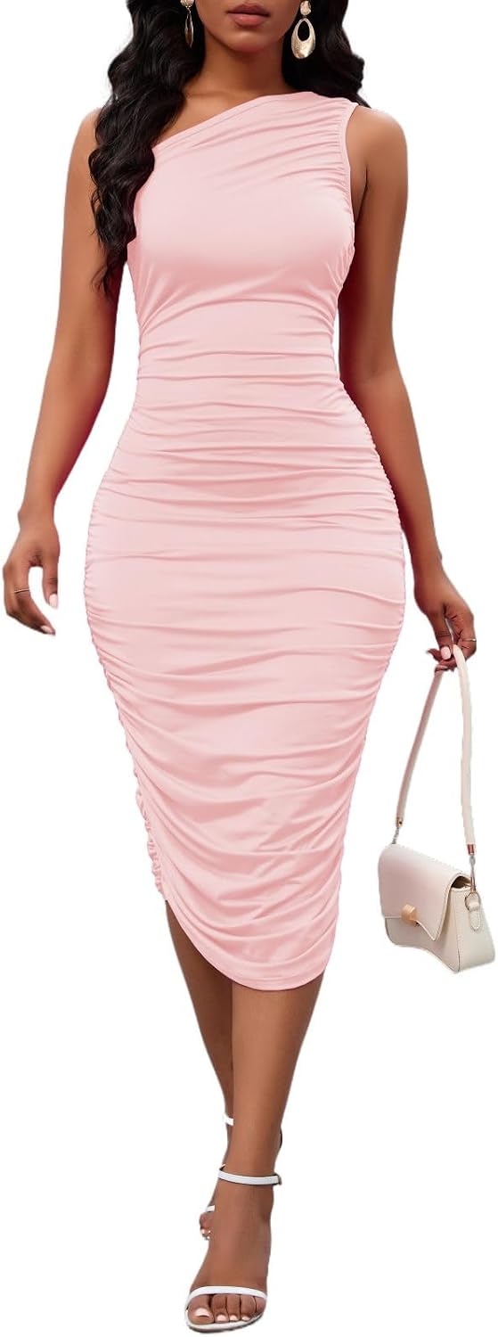 PerZeal Women's One Shoulder Ruched Bodycon Midi Dress for Party Evening | Sleeveless slim fit, stretchy soft fabric, elegant asymmetrical neck, cocktail party, evening clubwear, wedding guest