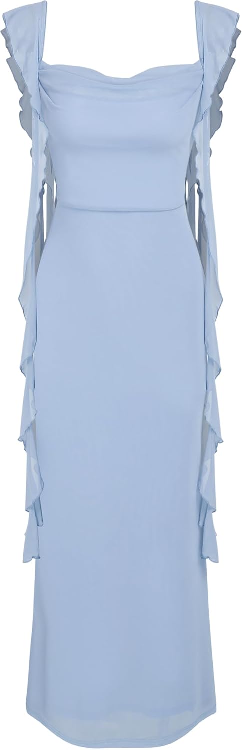 CIDER Women's Wedding Guest Dress Sleeveless Mesh Ruffle Maxi Formal Dress | Stretchy Tie Back, Summer Fall Wedding, Baby Shower, Cocktail, Vacation, Bodycon Elegant Outfits