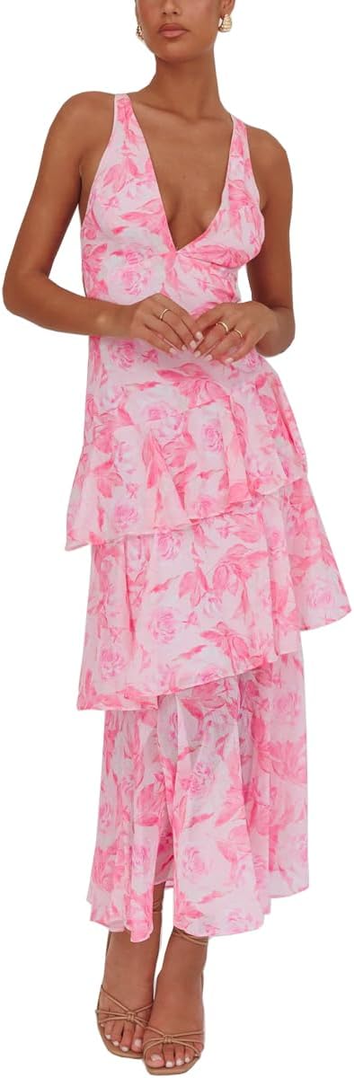 Women's Floral Maxi Dress Sexy Deep V Neck Backless Ruffles Dresses Beach Party Wedding Guest Dress