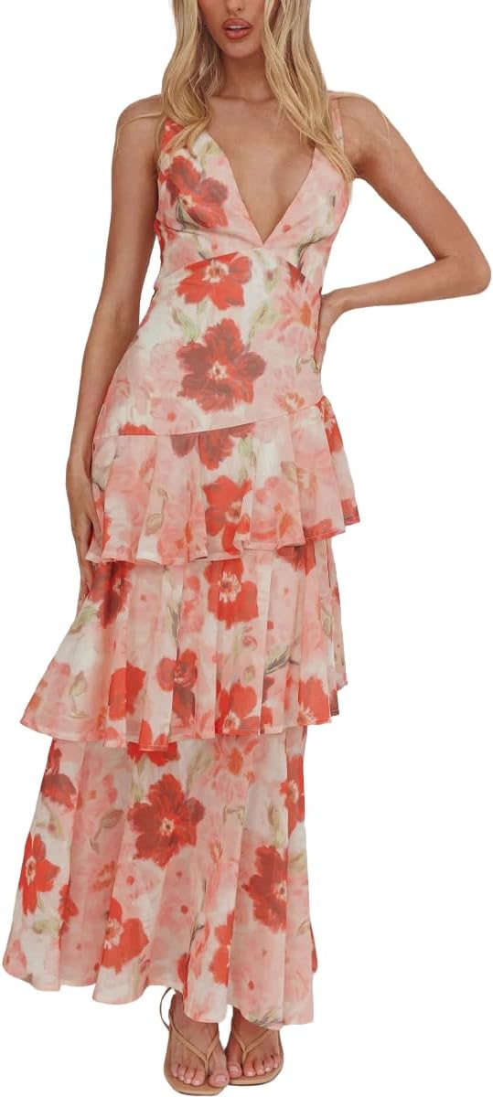 Women's Floral Maxi Dress Sexy Deep V Neck Backless Ruffles Dresses Beach Party Wedding Guest Dress