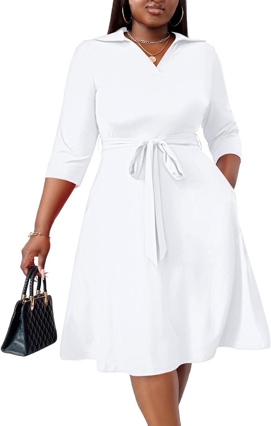 FANDEE Plus Size Midi Dress for Women Casual - Fit and Flare Summer Dresses | Semi Formal,African Print,Polo Collar Cocktail Dress,With Pockets And Belt