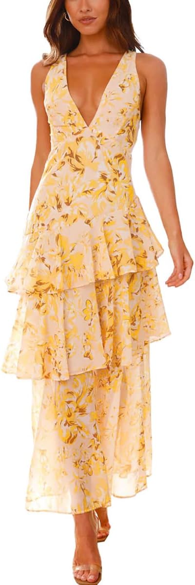 Women's Floral Maxi Dress Sexy Deep V Neck Backless Ruffles Dresses Beach Party Wedding Guest Dress