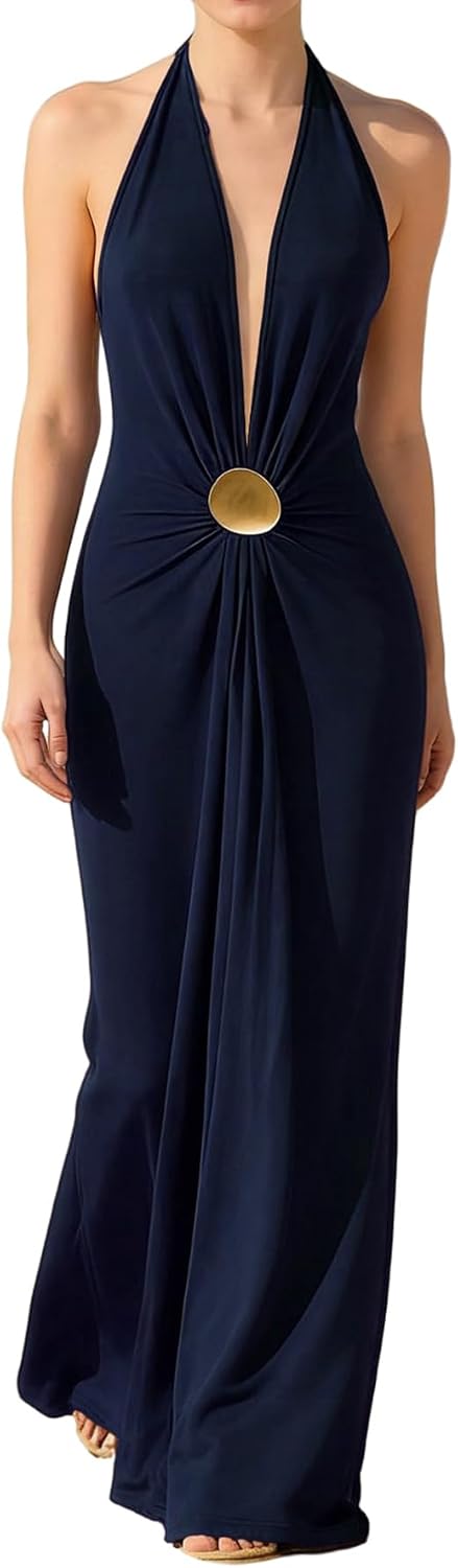 Backless Halter Maxi Dress in Deep Blue