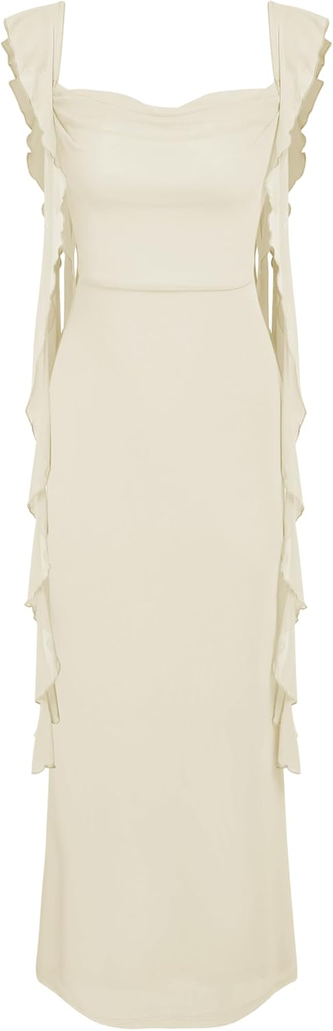 CIDER Women's Wedding Guest Dress Sleeveless Mesh Ruffle Maxi Formal Dress | Stretchy Tie Back, Summer Fall Wedding, Baby Shower, Cocktail, Vacation, Bodycon Elegant Outfits