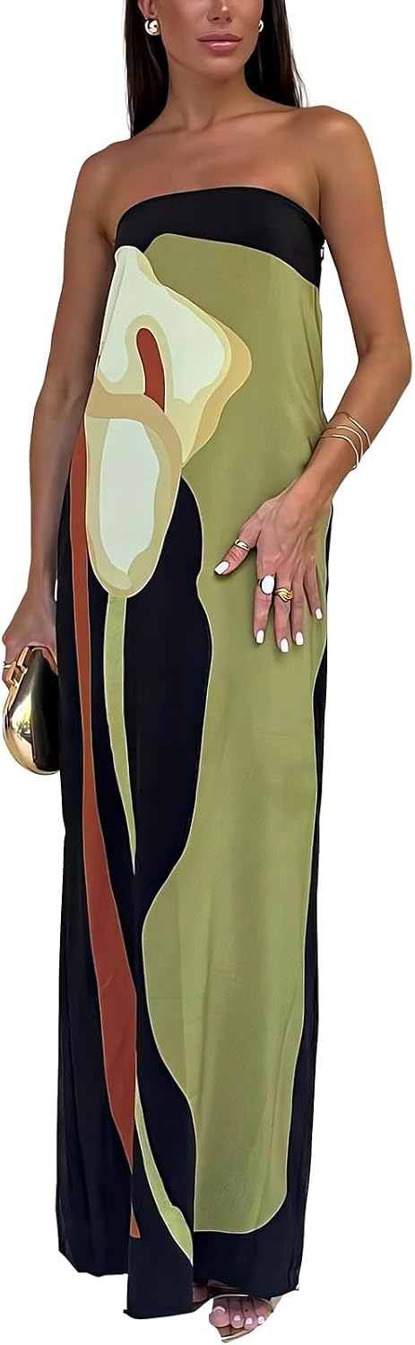 ACOSAP Women Y2k Strapless Maxi Dress Summer Backless Floral Long Tube Dress Off Shoulder Cocktail Party Dress