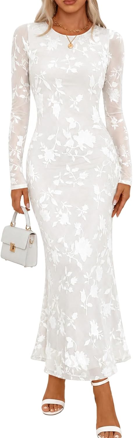 MEROKEETY Womens Fall Velvet Formal Wedding Guest Maxi Dress | Bodycon, Floral, Long Sleeve, Mesh, Round Neck, Formal Cocktail Party Birthday Club Date Night Prom, 2026 Winter Dress