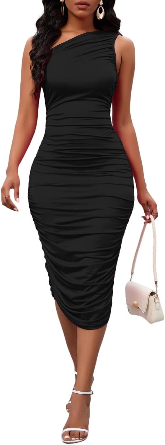 PerZeal Women's One Shoulder Ruched Bodycon Midi Dress for Party Evening | Sleeveless slim fit, stretchy soft fabric, elegant asymmetrical neck, cocktail party, evening clubwear, wedding guest