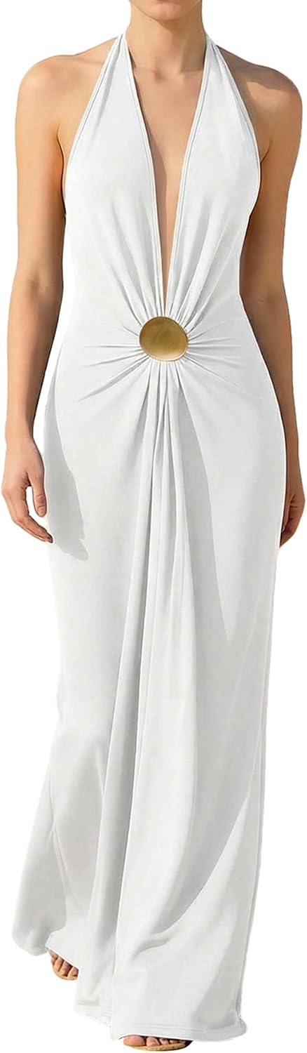 OYOANGLE Women's Halter Maxi Dress Deep V Neck Sexy Wedding Guest Dresses | Cocktail Dress, Formal Dresses, Beach Dress, Vacation Dress, Date Night Long Dress, Backless