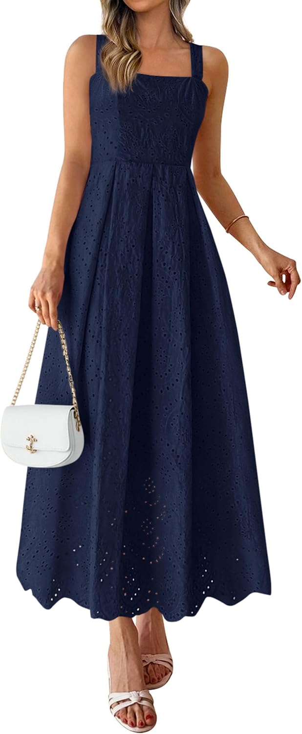 PRETTYGARDEN Womens Sleeveless Eyelet Summer Dresses Pockets | Hollow Out Embroidered Cotton,Adjustable Straps,Square Neck Ruffle Maxi Dress,Smocked back,Flowy Beach Vacation Sundress