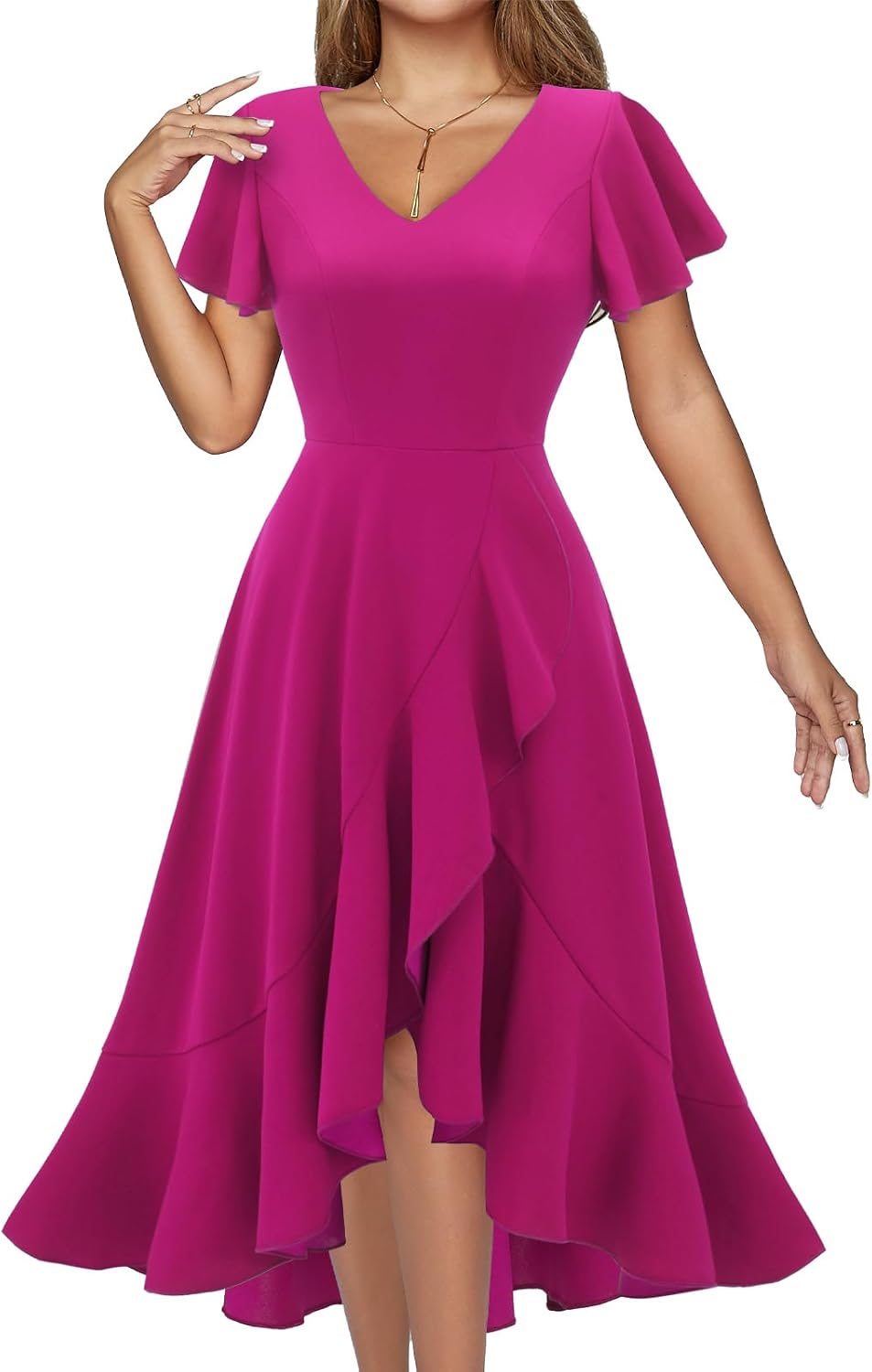 DRESSTELLS Women's Cocktail Dresses 2026, Formal Fall Wedding Guest Dress | A-Line, Hi Low Fit and Flare Midi Dress for Teacher Party Homecoming, Bridesmaid Evening Gown, V-Neck, Ruffle Sleeve