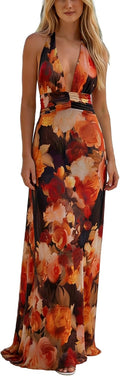 Amiblvowa Women Halter V Neck Maxi Dress Sexy Backless Bodycon Low Cut Long Dress Open Back Cocktail Summer Beach Sundress