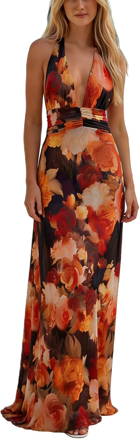 Amiblvowa Women Halter V Neck Maxi Dress Sexy Backless Bodycon Low Cut Long Dress Open Back Cocktail Summer Beach Sundress