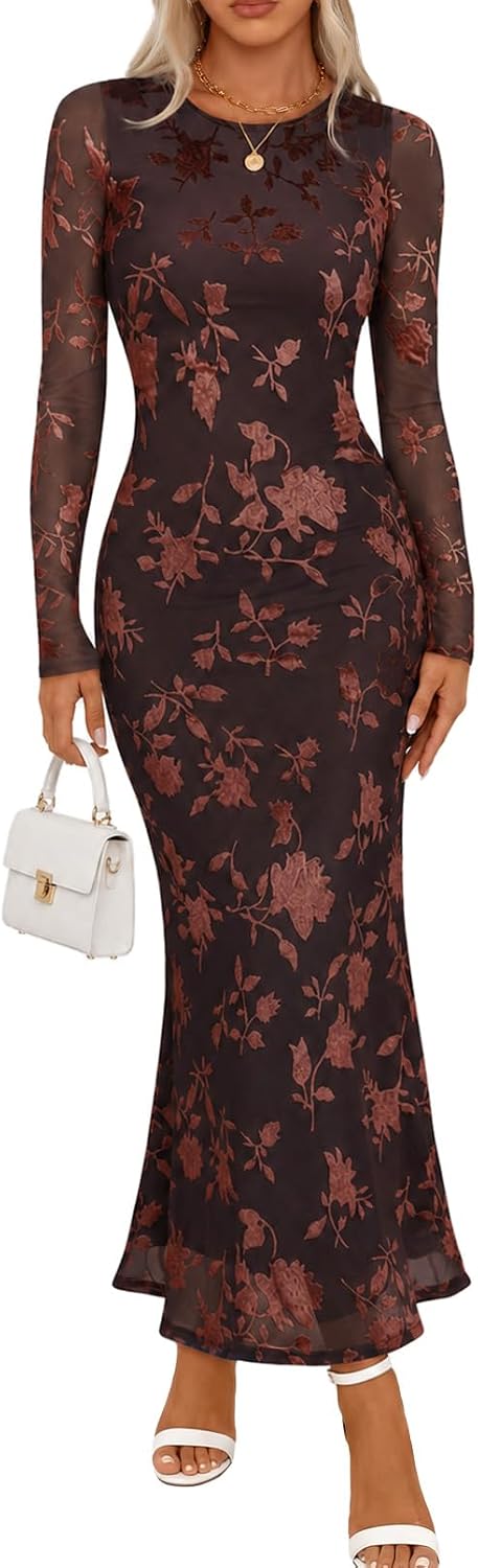 MEROKEETY Womens Fall Velvet Formal Wedding Guest Maxi Dress | Bodycon, Floral, Long Sleeve, Mesh, Round Neck, Formal Cocktail Party Birthday Club Date Night Prom, 2026 Winter Dress