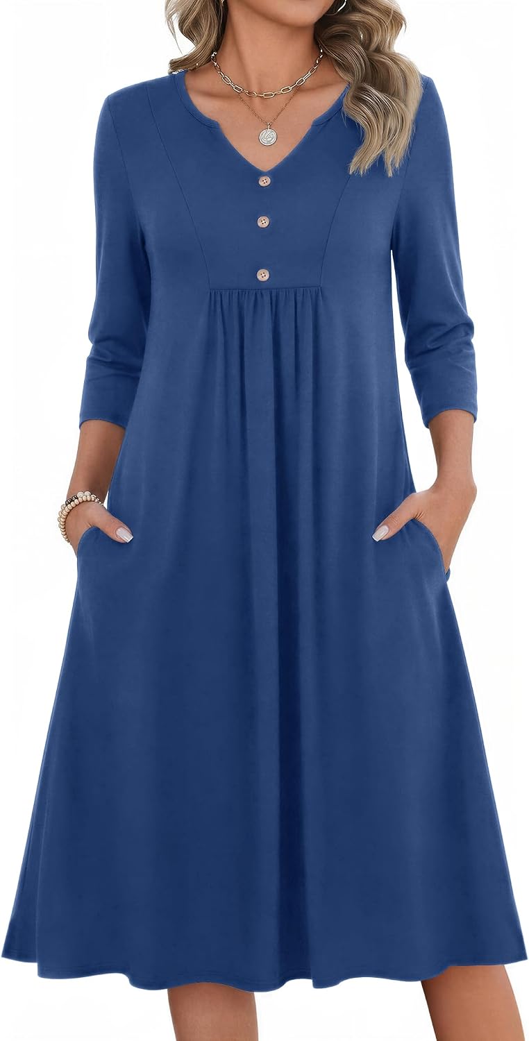 Zeagoo Womens Dresses 3\/4 Sleeve Casual Fall A Line Midi Dress with Pockets | V Neck Empire Waist Sundress, Button Decor, Floral, Boho, Solid Color, Loose Fit, Flowy, Vacation Sundresses